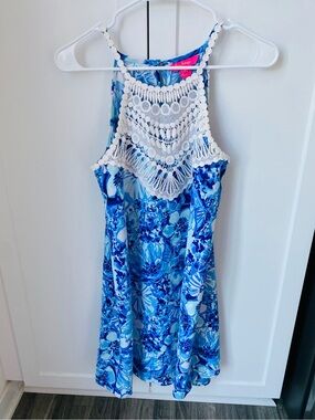 Lilly Pulitzer shift dress womens size 4 floral printed crochet trim blue